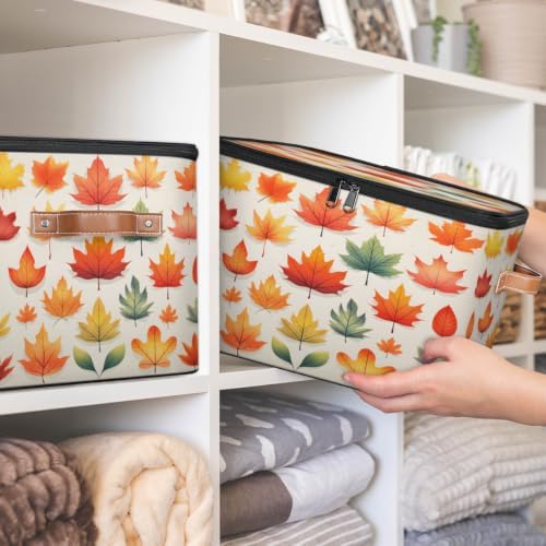Fall Collapsible Fabric Storage Bin with Zipper Lid | Storage Basket, Foldable, Waterproof, Handle, Large, Closet Organizer, Home, Fall Maple Leaves