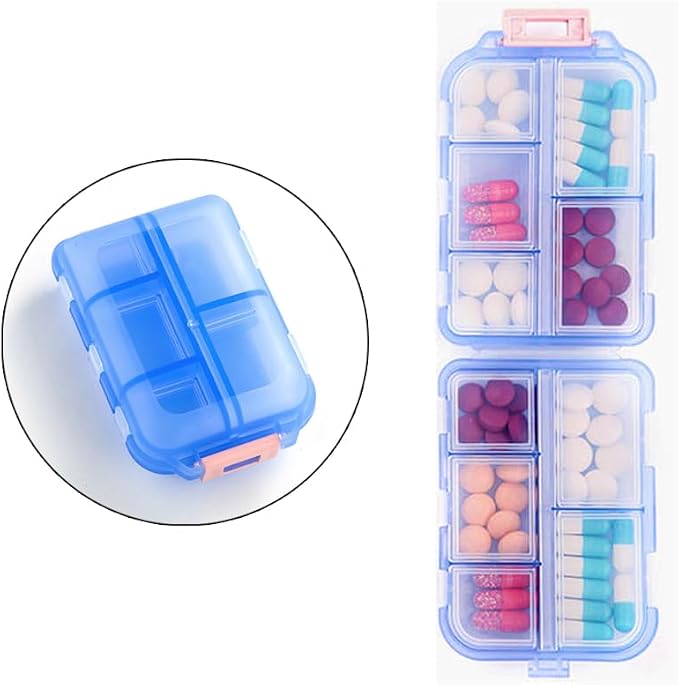Small Travel Pill Box Organizer, 10 Compartment Pill Case Planner | Portable Folding Daily Medcine Container Capsule Dispenser for Storage Medication, Meds, Vitamin, Fish Oil, Supplement, Blue