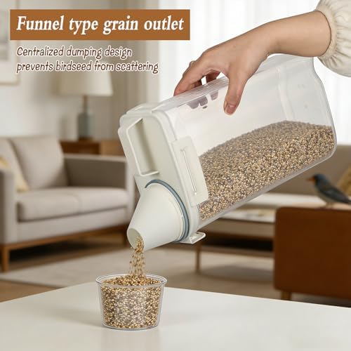 3.17 Qt/3 L Bird Seed Storage Container Airtight- Portable Bird Food Container with Airtight Measuring Cup, Clear Pet Parrot Seed Dispenser for Birds Food Chicken Feed Storage, Beige Lid