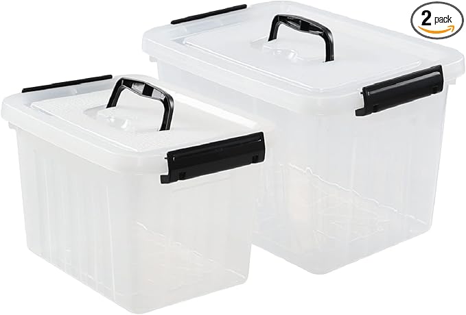 Saedy 12 Quart & 6 Quart Latching Storage Container Box with Handle, 2 Pack | Plastic, Clear Lidded Bin