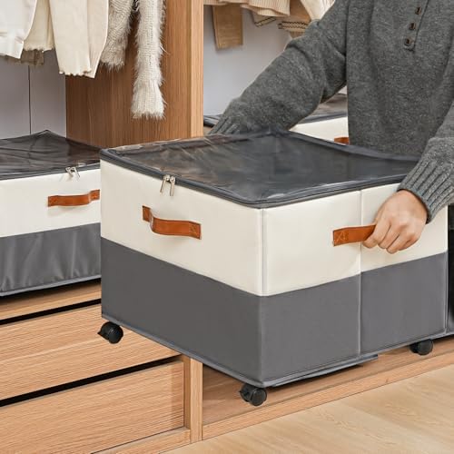 INSTY 2 Pack Shoe Organizer for Closet, Fits up to 32 Pairs, Adjustable Dividers for Shoe Storage, Fabric Shoe Storage Bins with Clear Cover, Beige and Grey