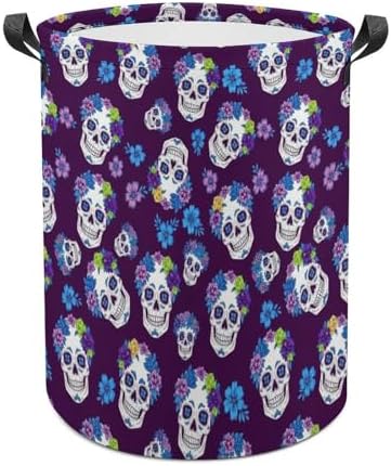 Large Capacity Foldable Hamper Flowers And Skulls Purple, Waterproof Laundry Basket with Handles for Bedroom, Bathroom, and Clothes Storage