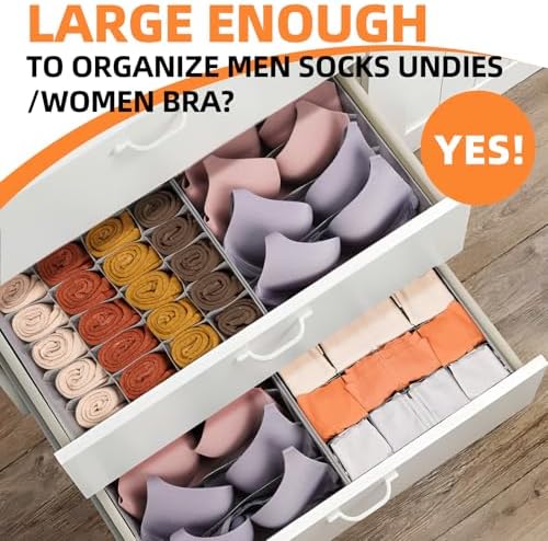 Criusia 6 Pack Large Drawer Organizer for Sock Underwear - Washable Heavy Duty Fabric Closet Organizers and Storage Bins - 90 Cells Dresser Organizer Divider for Baby Clothes, Ties, Belt (Grey)