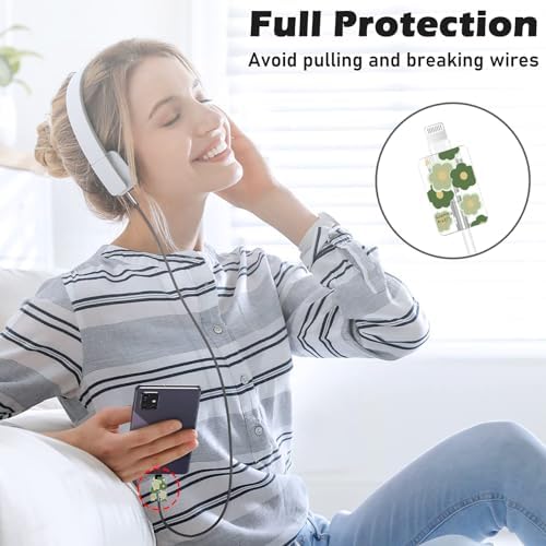 Cute DIY Cable Protector for iPhone Adapter Charger, Green Little Flowers Design, Soft TPU Data Cable Case Data Line Cord Saver Charger Protective Case for iPhone 11 12 13 14 15 Pro Max