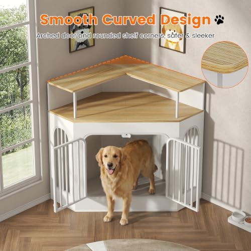 kepptory Large Corner Dog Crate Furniture with Arched Design and Tall Shelf