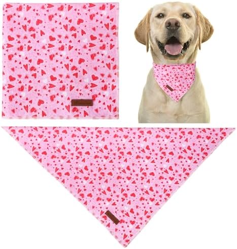 Valentine Dog Bandana - Pink Heart Triangle Bib Scarf for Small Medium Pets, Cotton Kerchief for Girl Boy Dogs or Cats, Red Puppy Bandana