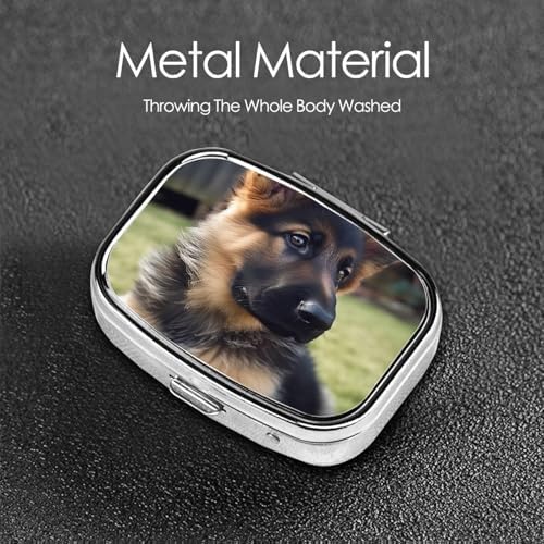 German Shepherd Puppy Pill Box 2 Compartment Medicine Pill Organizer Square Pill Case for Purse & Pocket Travel Pillbox Portable Metal Medicine Vitamin Fish Oil Organizer Unique Gift