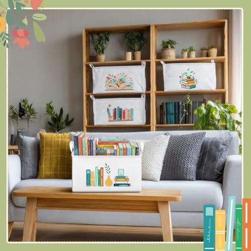 Breling 4 Pcs Book Lover Gifts Book Baskets Books Storage Bins with Handles Books Return Baskets Large Collapsible Storage Bin Box for Graduation Gift Shelf Home Office Library, 15 x 10 x 8 in