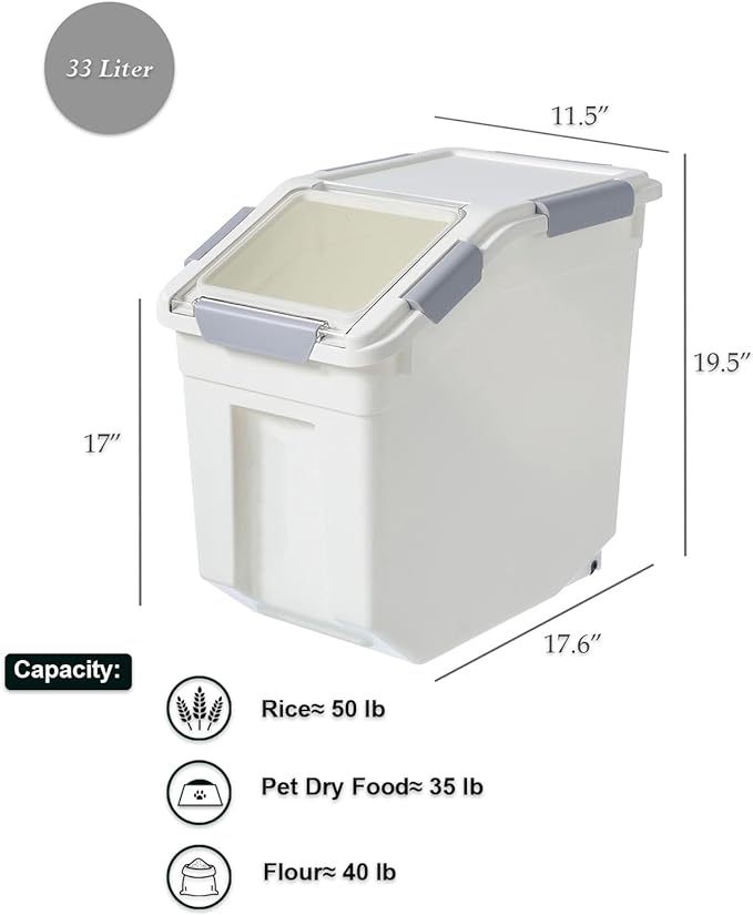 33 Liter / 50 lbs Rice Storage Container with Measuring Cup, BPA free, For Rice | Grain | Pet Food | Flour, 1 count, White