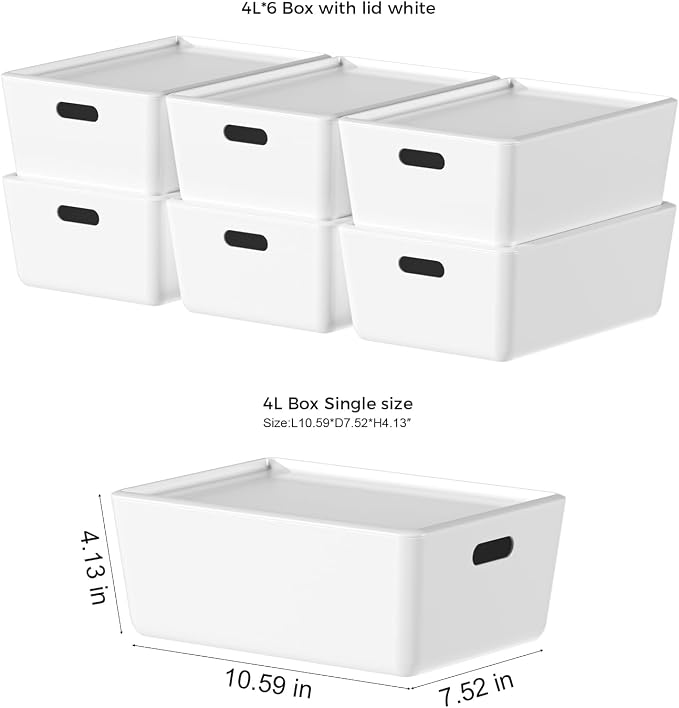 6 Pack Large White Storage Bins with Lids, PET Plastic Pantry Organizers and Storage Containers for Kitchen, Fridge, Bathroom, Office