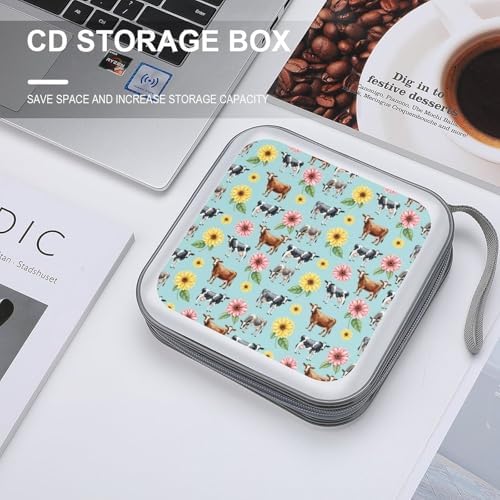 Protective 40-Disc CD/DVD Wallet Cow Flowers Print, Hard Plastic Storage Binder with Handle, Portable Organizer for Car Office Travel
