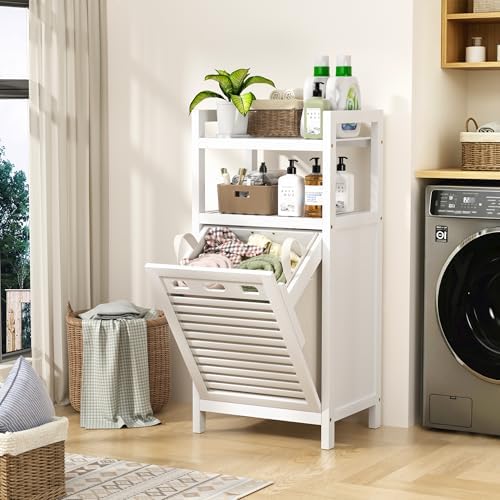 VASMIA Tilt Out Laundry Hamper,Bamboo Laundry Storage Cabinet with Shelf,10 Gal Hidden Laundry Basket Organizer for Bathroom,Laundry Room,White