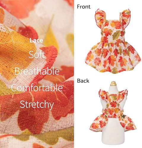 Fitwarm Maple Dog Dress, Ruffled Doggy Thanksgiving Dress, Fall Dog Clothes for Small Dogs Girl, Pet Outfit, Red, Orange, XS