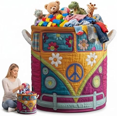 Quilted Laundry Basket with Handles, Boho Floral Fabric Storage Hamper, Large Soft Storage Hamper for Bedroom, Laundry Room, Clothes(14"x 18")