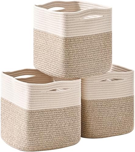 ICERZCZ 13 Inch Cube Closet Storage Bins, Woven Cotton Rope Organizer Baskets for Organizing & Shelves, Books, Towels, Clothes, Toys, 13x13x13 in, Off White & Brown (Pack of 3)