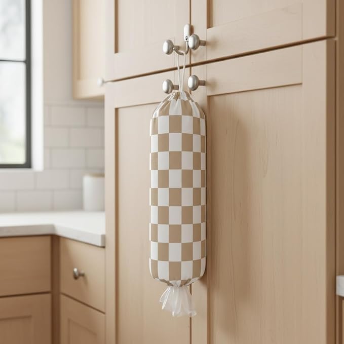 Plastic Bag Holder, Wall Mount Plastic Bag Organizer Dispenser Reusable Grocery Bag Organizer for Home Kitchen(Brown Checkered)