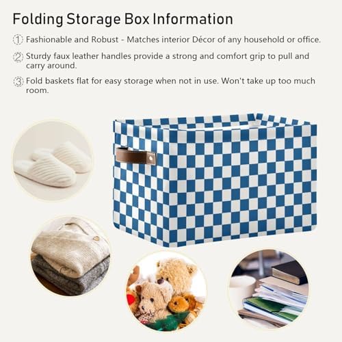 Navy Blue Grid Checked Plaid Storage Basket Canvas Fabric Foldable Storage Bins Boxes Organizer with Handles for Home 14×10×8.3 Inch 1 Pack