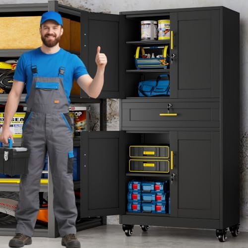 74" Metal Garage Storage Cabinet with Wheels and Locking Doors