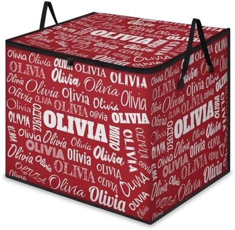 Personalized Extra Large Storage Bins with Lid, Customized Name Solid Red Background Jumbo Storage Basket Rectangle Clothes Organizer for Organizing Kids and Pets Toys Shelf Closet