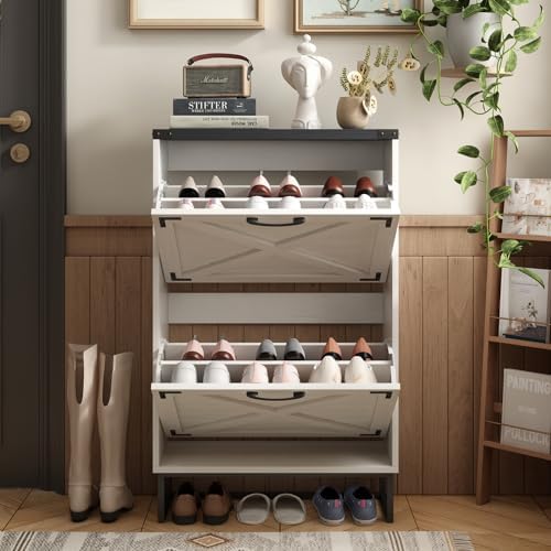 Maupvit 24" W Farmhouse Shoe Cabinet Storage for Entryway, Freestanding Organizer with 2 Flip Drawers, Narrow Shoe Rack Cabinet with Metal Corner Decoration, White