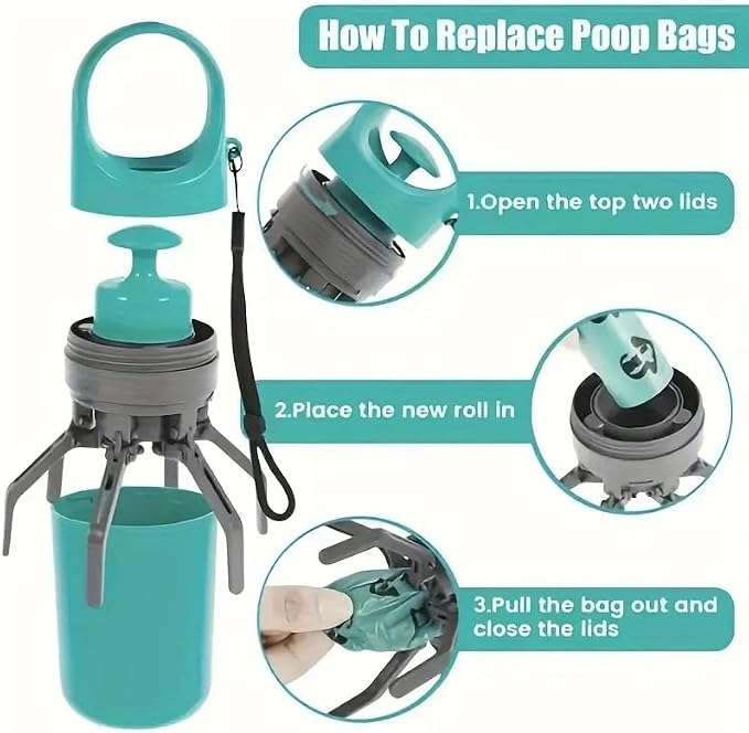Pooper Scooper for Small Dogs, Portable No‑Touch Waste Picker with Built‑In Bag Dispenser 1 Roll 15PCS Bags, One‑Handed Claw Grabber, Leak‑Resistant Storage for Small, Medium Dogs & Small Pets