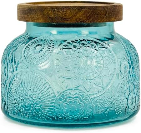 Decorative Blue Embossed Glass Jar with Airtight Wooden Lid, 40 fl. oz | Wide mouth vintage storage canister, kitchen pantry bathroom organization, coffee sugar tea cookie candy candle vase gift