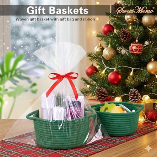 Small Gift Basket Empty to Fill with Gifts Bag & Ribbon, Green | Cute Decorative Mini Woven Rope Basket with Handles for Gifting; Reusable for Bathroom Counter or Desk Catchall, 8 x 4.7 in