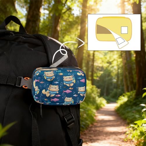 Weekly Pill Organizer Travel Size Bag with Removable 7 Day Pill Box Portable Vitamin Case Purse with Zipper,Scuba Cat Underwater with Fish