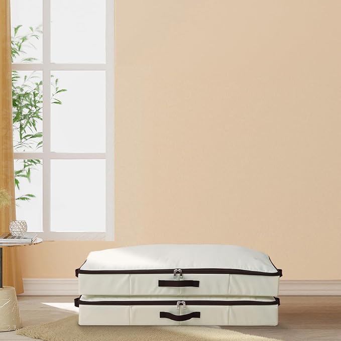 AMJ 3 Pack 4inch Underbed Storage Bins, Under Bed Storage Containers with Zippers for Blanket, Pillows, Comforters & Quilts, Beige