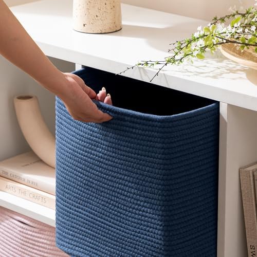 joybest 11inch Cube Storage Bins, Cotton Rope Woven Organizer Basket | Set of 4 Cube Bin Square Shelves Organizer Closet Storage, Nursery, Toy Organization, Navy Blue