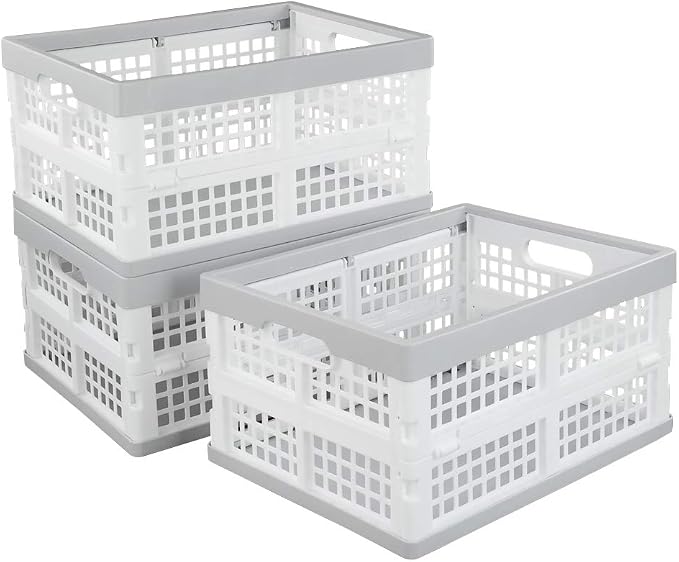 Vababa 3-Pack Plastic Stackable Collapsible Storage Crate, 15 L | Stacking Folding Storage Basket, Collapsible Design, Stable Stackable Structure, for Household & Pantry Organizers