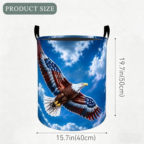 Eagle Laundry Basket Hamper, Organizer Bins Gifts for Women Kids, American Flag Bald Eagle Foldable Waterproof Clothes Hamper Handles Storage Bucket for Bedroom Bathroom Room Decor 19.7"x15.7"