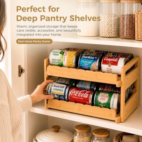 MinBoo Bamboo FIFO Can Organizer for Pantry, 24-Can Gravity Dispenser with Adjustable Dividers, Freestanding Wood Canned Food Storage Rack for Soup, Soda and Pet Food, 15.5" W x 11.6" D x 9.4" H