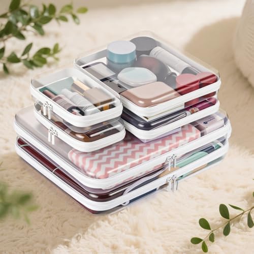 6Pcs Clear Hard Shell Zipper Case Set Travel Organizer, Hard Plastic Zipper Pouches White Storage for Makeup, Toiletry, Office Supplies & Kids Toys