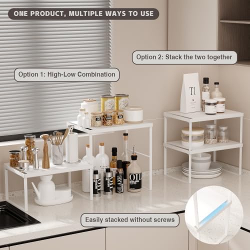 Kitchen Counter Oganizer Stackable Spice Rack for Countertop Kitchen Countertop Organizer Heavy Duty Kitchen Counter Shelf Metal Spicy Shelf for Countertop (2 Pack, White)
