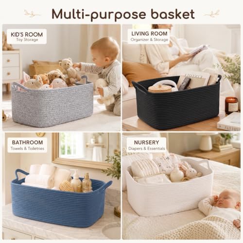 OIASKET Empty Cotton Rope Gift Basket with Handles, 15.4"x11.4"x6.7" Decorative Woven Storage Basket with Gift Bag and Ribbon Set for Baby Shower, Toy Organizer for Kids, Dogs & Cats - Medium White