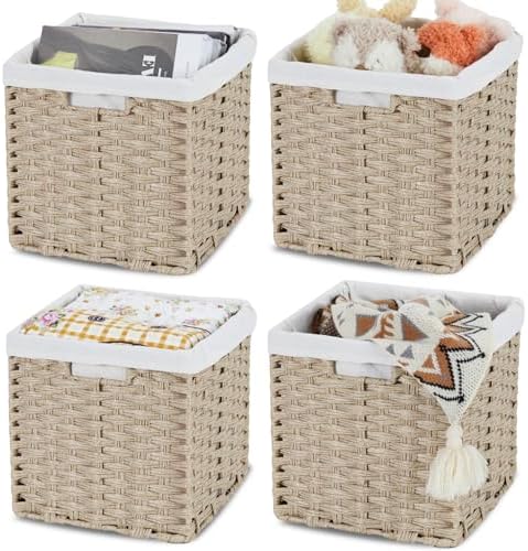 Bidtakay Wicker Storage Baskets for Organizing 4-Pack Hand-Woven Imitation Wicker Cube Storage Bins with Liners for Shelves Closet Cabinet 11x11 Waterproof Cube Organizer for Pantry-Greyish Beige