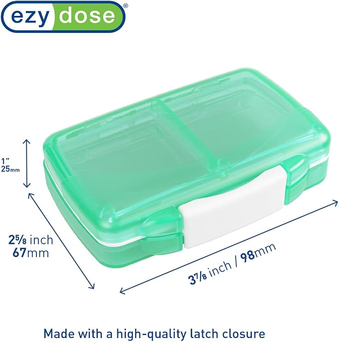 Ezy Dose Moisture-Proof Travel Pill Case, 4 Compartments, Green, Small | Moisture-Proof Pill Case, Medicine Planner, Vitamin Organizer Box, Travel-Friendly, Latch-Closure to Secure Contents
