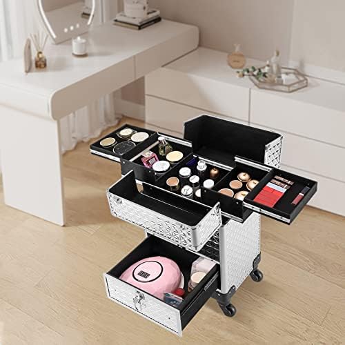 Professional Rolling Makeup Train Case - Heavy Duty Aluminum Alloy Beauty Organizer with 7 Compartments, Lockable Drawer & 4 Wheels for Hairstylists, Makeup Artists, Pet Groomers