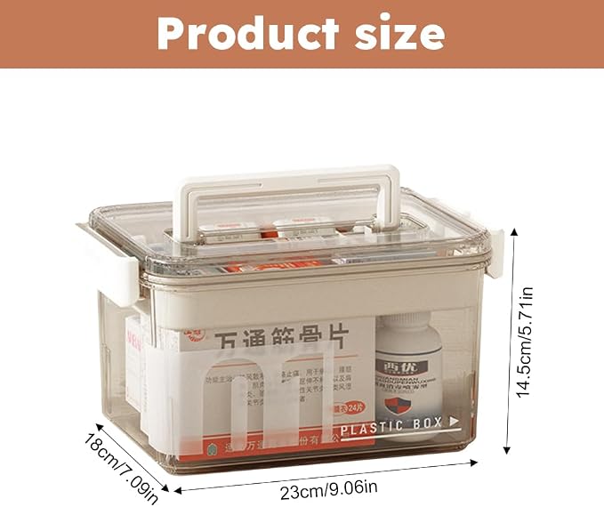 Medicine Storage Box with Handles, Clear Plastic Medicine Storage Organizer & First Aid Box, Multipurpose Medical Supply Organizer with Removable Tray for Home, Office & Travel(Clear)