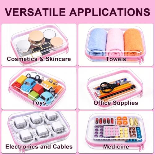 2 Pack Pink Clear Hard Shell Zipper Case, 8.86" x 6.38", Zipper Pouch