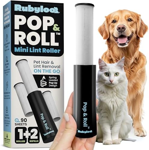 Rubyloo Mini Lint Roller Bundle Travel Size Pet Hair Remover with Retractable Cover & Beige Dog Travel Bag with Bowls Food Containers for Trips Essentials Gift Set