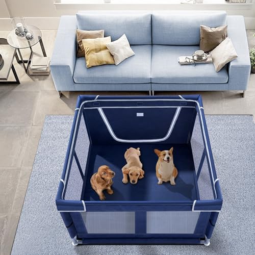 Puppy Playpen Indoor for Dog Small Pets, Dog Playpen 42x42x25 Inch, Dog Play Pen with Gate for Outdoor and Indoor, Oxford Fabric Pet Playpen for Puppy, Anti-Tipping Dog Enclosure with Zipper Door