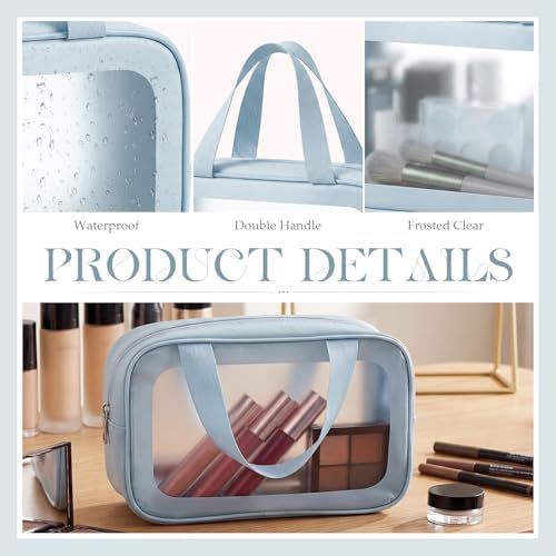 Abbylike 12 Pcs Clear Toiletry Bags with Handle for Women and Men, Matte Translucent Waterproof Cosmetic Bags with Zipper for Travel Toiletries Wash Shower Accessories Bachelorette Bridal Party(Blue)