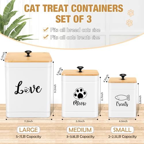 Jingmore Metal Airtight Cat Food Containers Set of 3 with Bamboo Lids and Spoon 7+3+2 Lbs Cat Treat Storage Container Countertop with DIY Labels Pet Cookie Organizer Jars for Kitchen Counter(White)