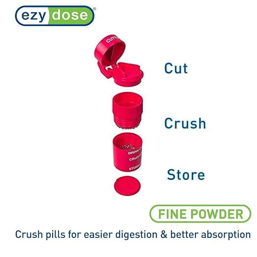 EZY DOSE 3 Compartment Pill Crusher, Cutter and Grinder, Daily Usage, Safely Cut Pills, Vitamins, Tablets, Accurate and Easy Cutting, Stainless Steel Blade, Removable Drinking Cup, Red, BPA Free