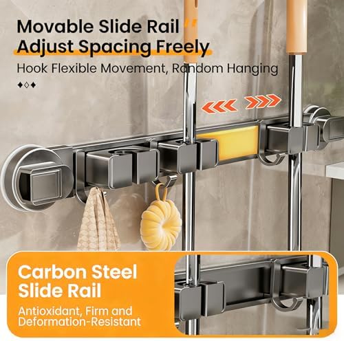 Duty Aluminum Suction Broom Holder for Bathroom Garage Without Drilling Needed Multi Hook Bathroom Planner