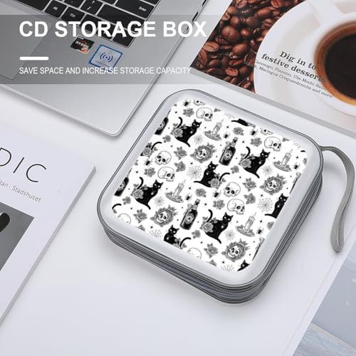 Portable Protective CD Holder Rose Skull Goth Black Cat, 40-Disc Hard Case with Zipper, Storage Binder for Music Movies Game Collections
