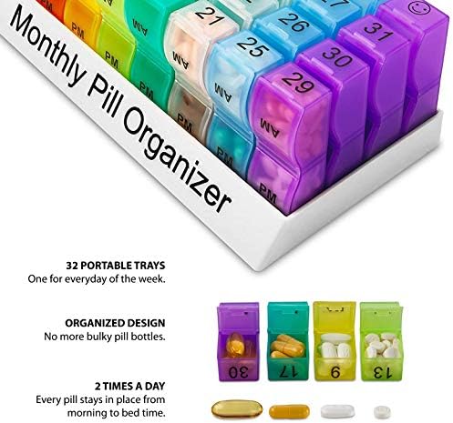 Deke Home - Monthly Pill Organizer 2 Times a Day, 30 Day Pill Box with AM PM Compartments, Large Monthly Medicine Organizer for Vitamins, Supplements & Medication, Travel-Friendly Pill Case, BPA Free