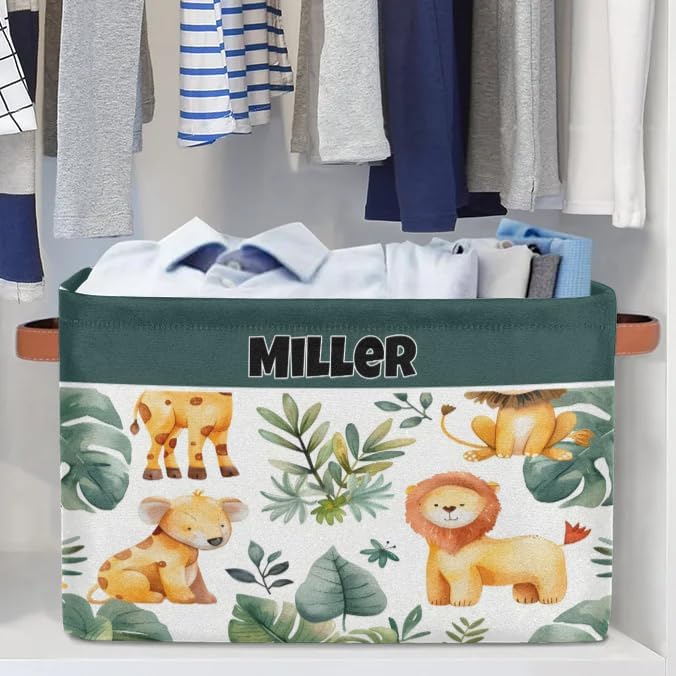 Custom Rectangular Baby Storage Basket, Kids Toys Bin, Books Shelf Basket, Clothes Towel Storage Bin for Nursery, Gift Basket, Pet Basket, Watercolor Leaf Animal Lion Koala